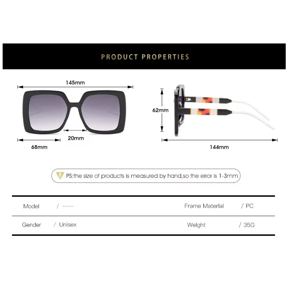 Women Oversized Square Sunglasses‎ Black Frame Blue Gradient Lens Classic Modern